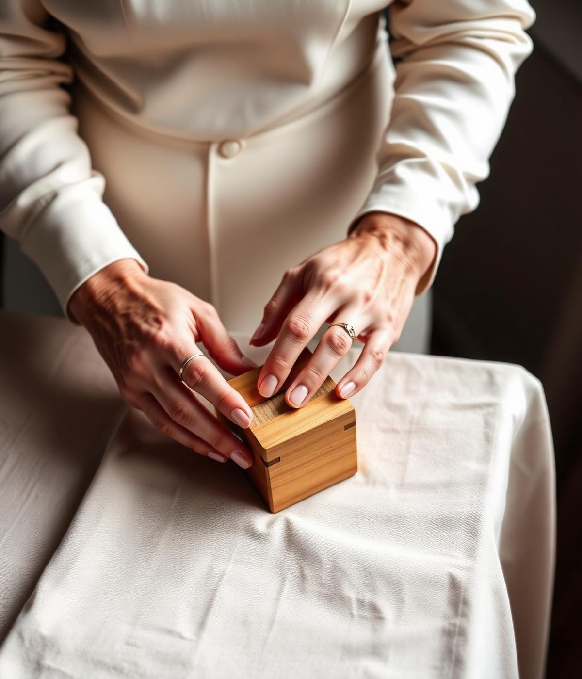 Hands carefully lifting a keepsake from a wooden box